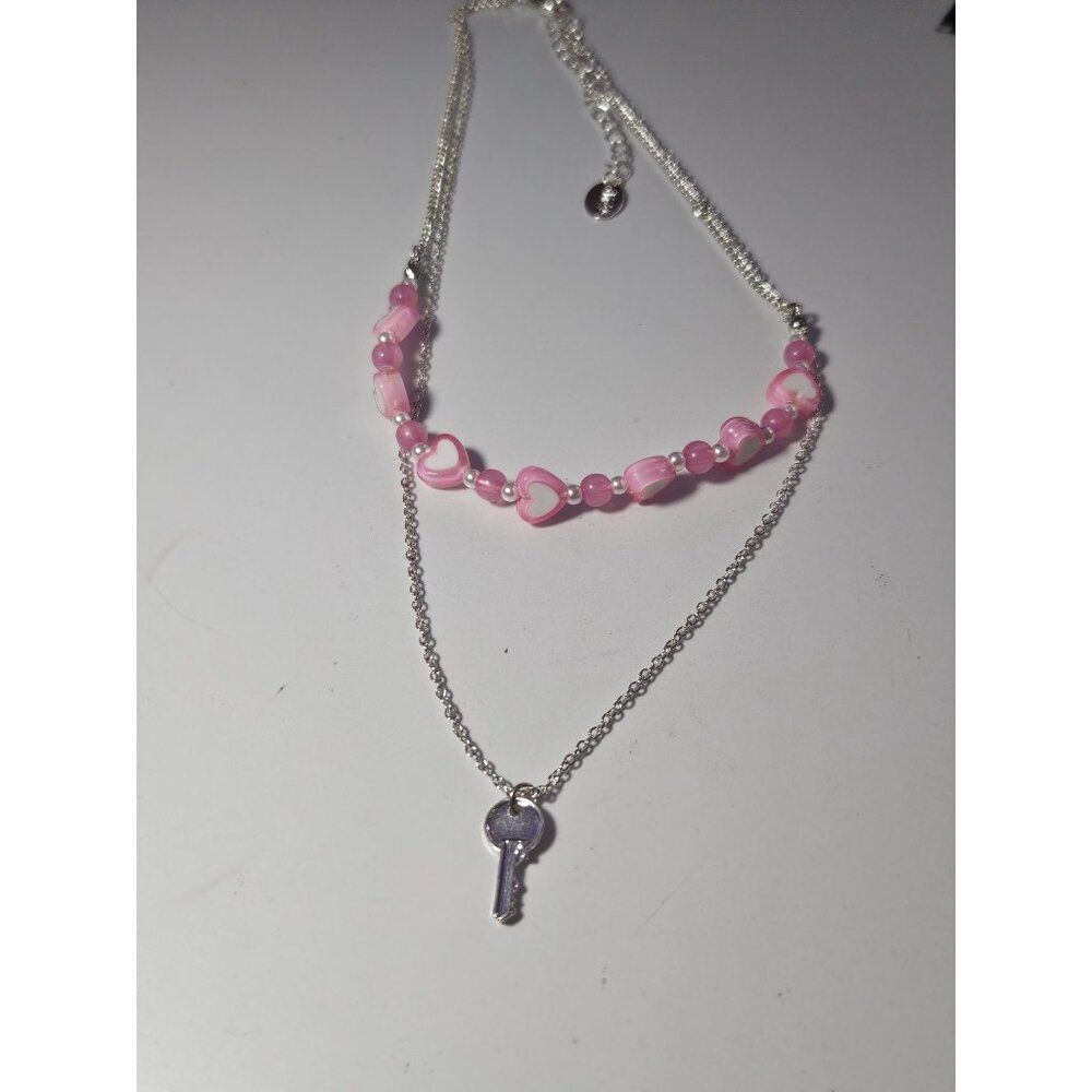 Claire's silver tone and pink key pendant necklace 16-19"